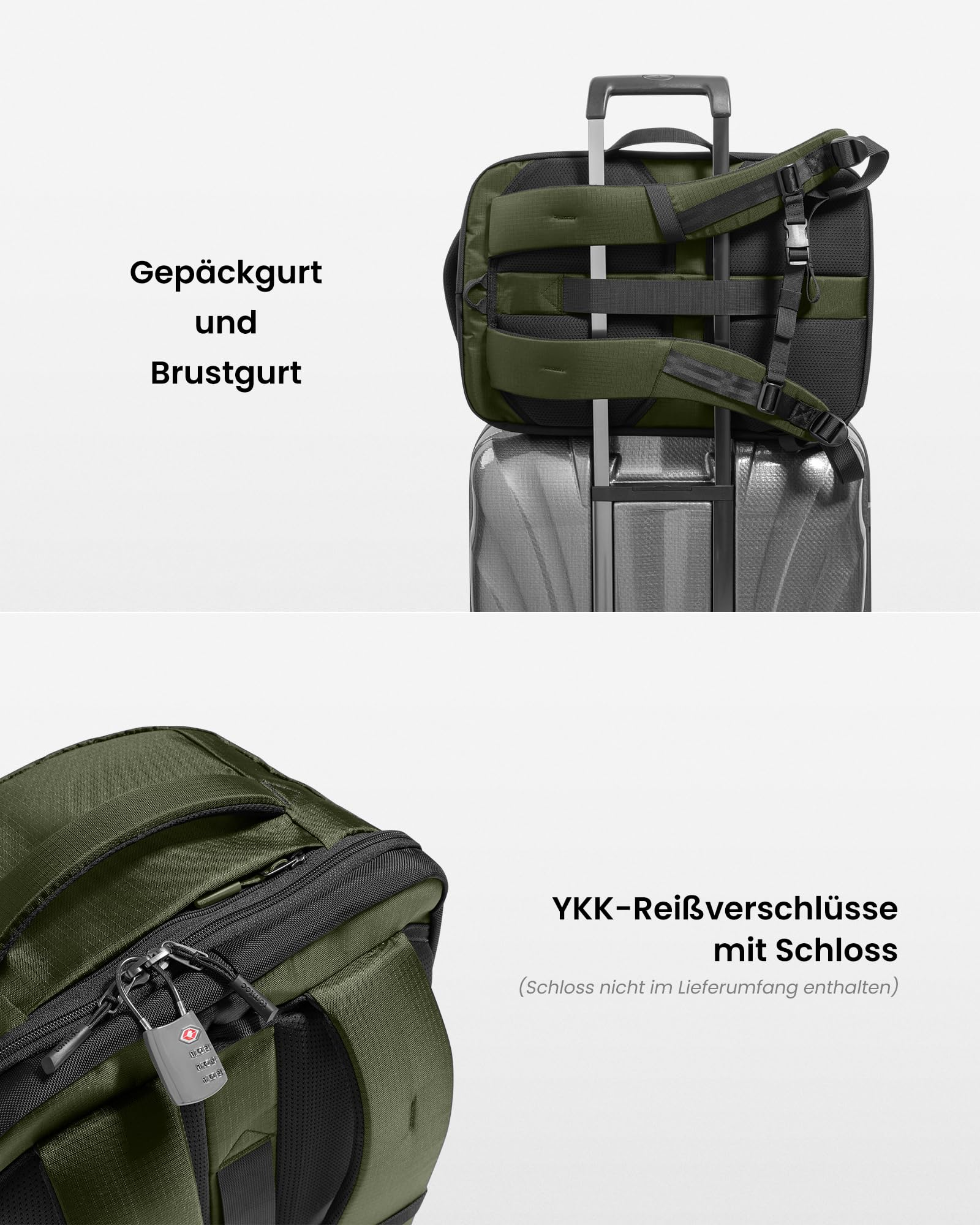 Grüner Rucksack mit Gepäckgurt, Brustgurt und Schloss am YKK-Reißverschluss.