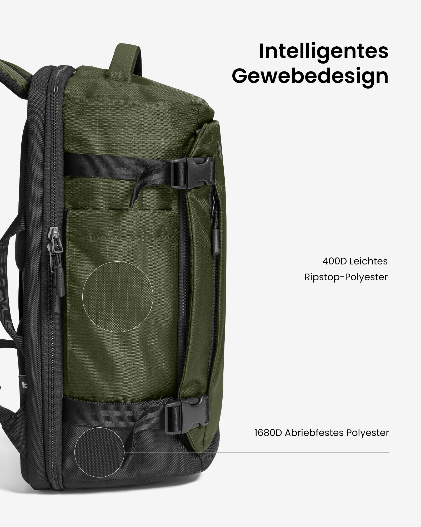 Grüner Rucksack mit verschiedenen Stoffen und Texturen, Nahaufnahme mit deutscher Beschriftung.
