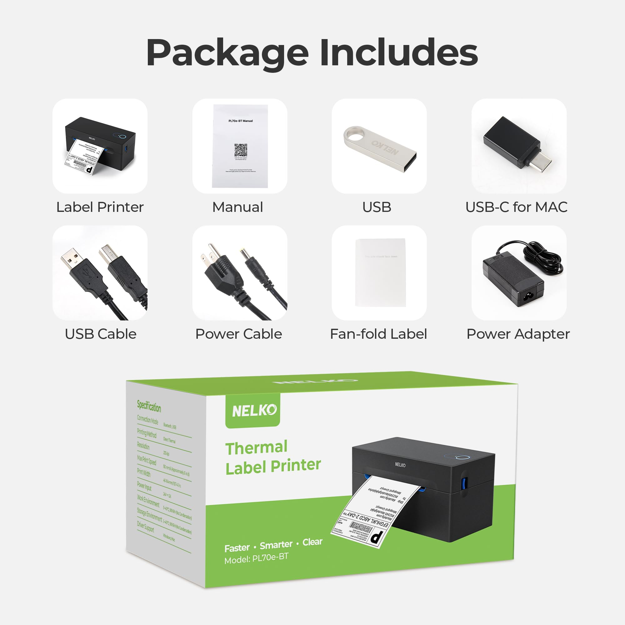 Contenu incluant imprimante thermique, manuel, clé USB, câbles, étiquettes et adaptateur secteur.