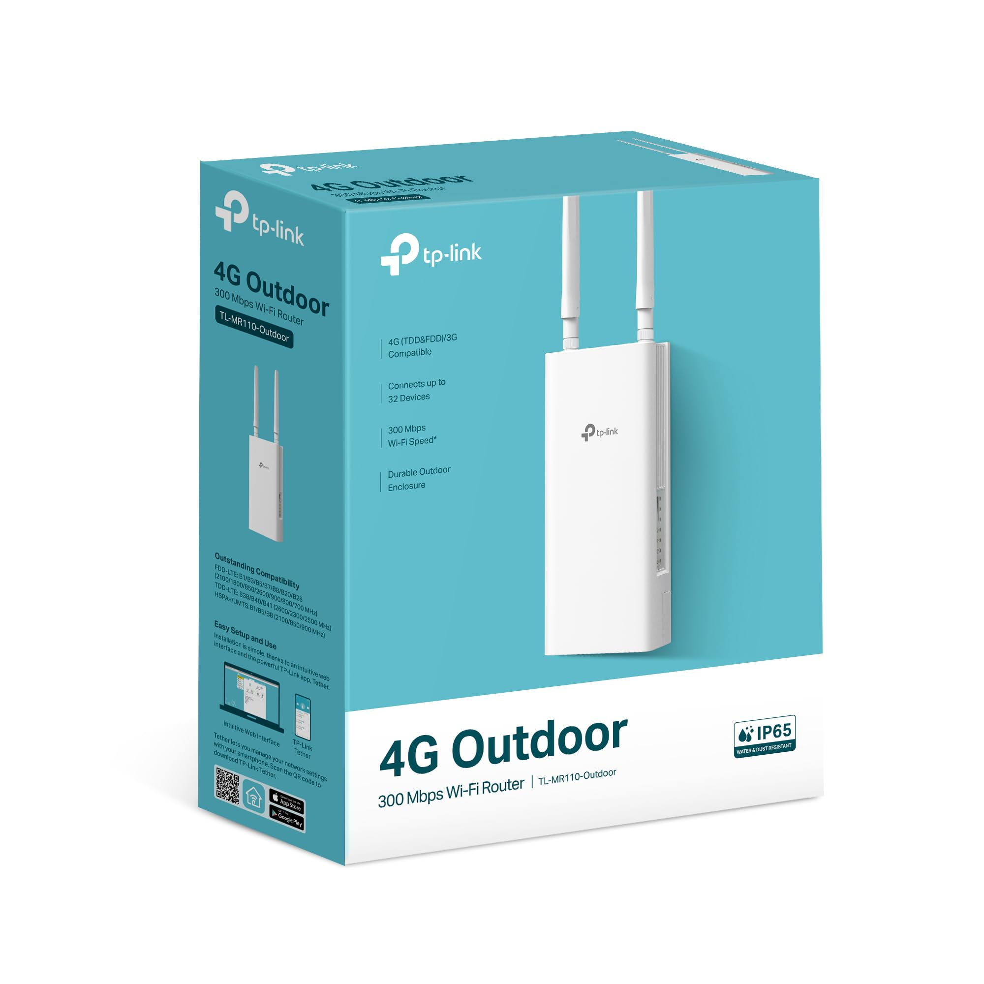 Confezione di un router Wi-Fi 4G da esterno TP-Link bianco con doppie antenne e certificazione IP65.