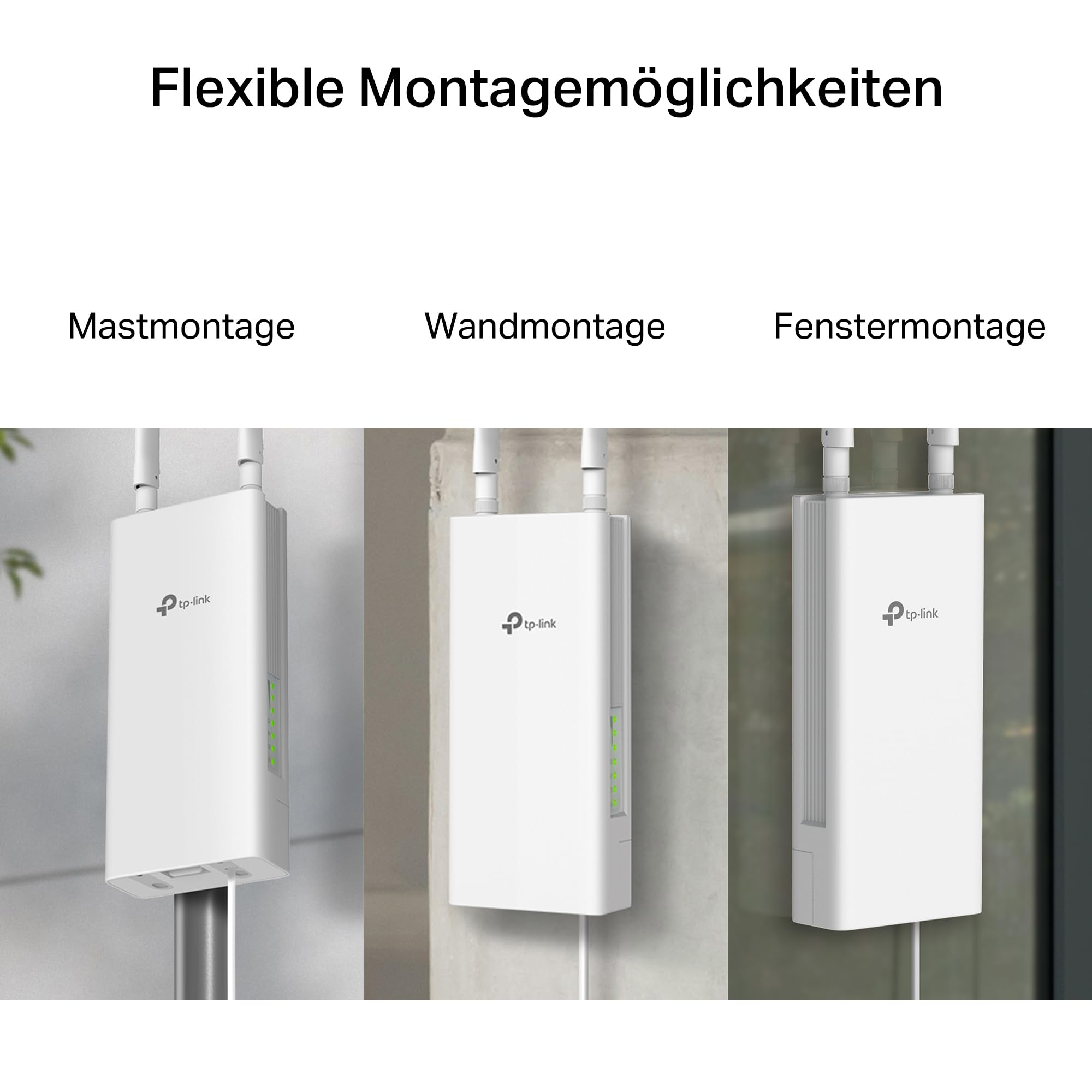 Tre immagini mostrano dispositivi TP-Link montati su palo, muro e finestra.