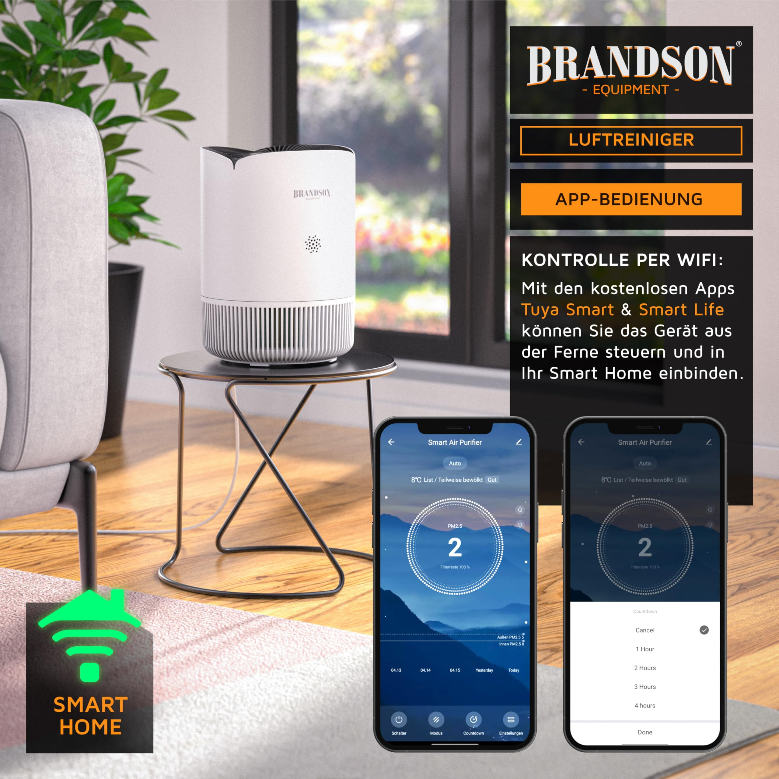 Ein weißer Brandson Luftreiniger auf einem Tisch neben zwei Smartphones, die eine App-Steuerung zeigen.