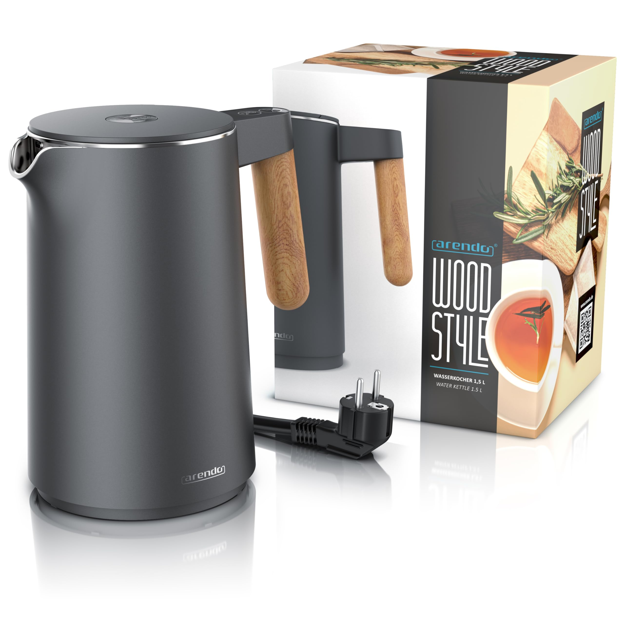 Ein dunkelgrauer Arendo Wood Style Wasserkocher mit Holzgriff und Produktverpackung auf weißem Hintergrund.