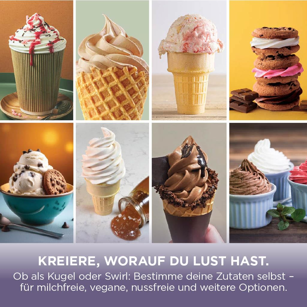 Eine Collage von Desserts wie Eiscreme in Waffeln und Bechern, Milchshakes und Cookies mit Füllung.