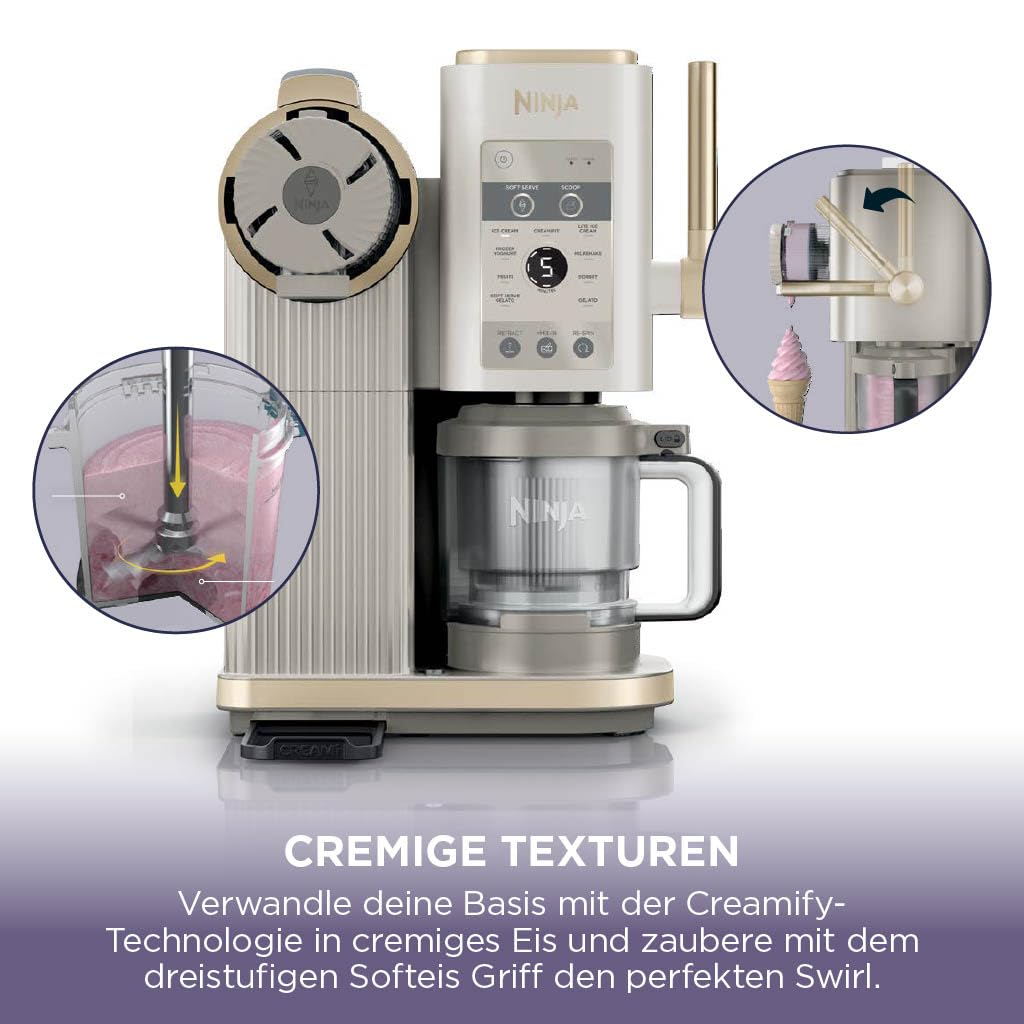 Ninja Eismaschine in Creme und Gold mit zwei Insets, die den Mixvorgang und den Softeisauslass zeigen.