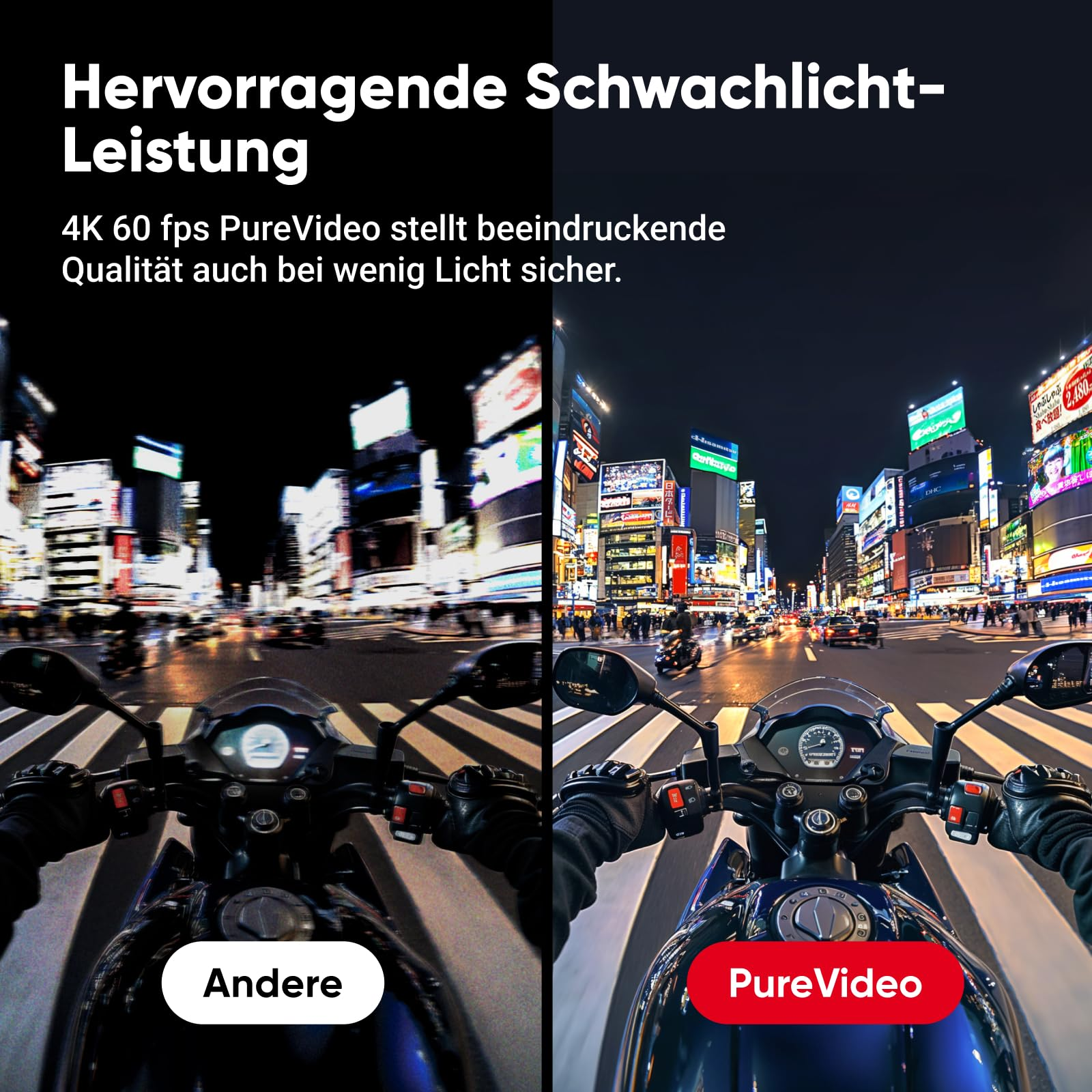 Comparaison de deux balades à moto de nuit, floue à gauche, claire à droite grâce à PureVideo.