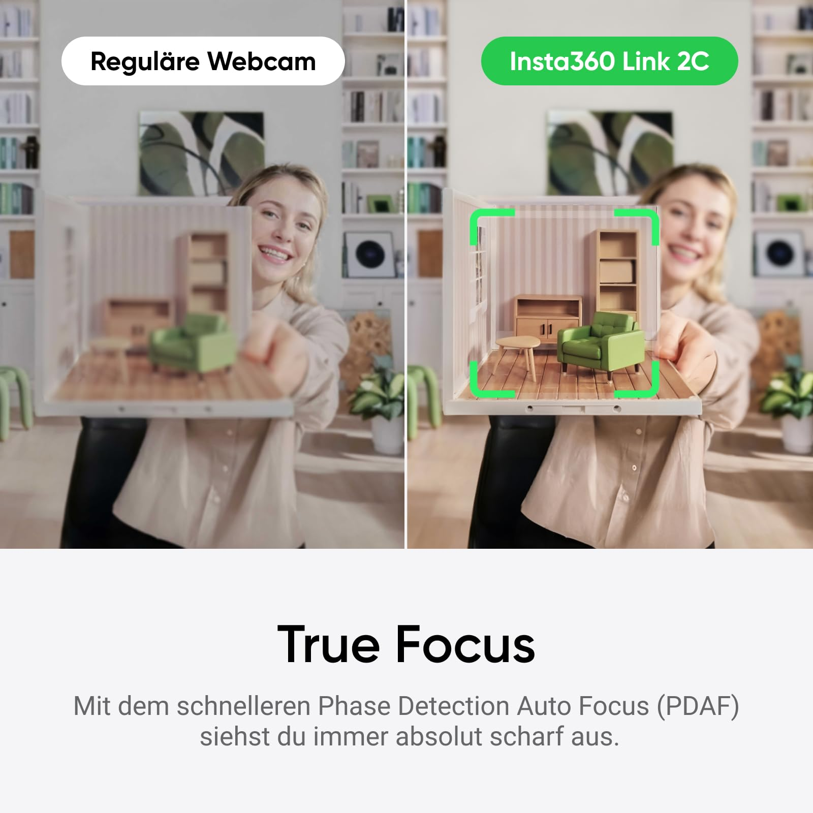 Vergleich mit unscharfem Zimmer auf normaler Webcam und scharfem Fokus bei Insta360 Link 2C.