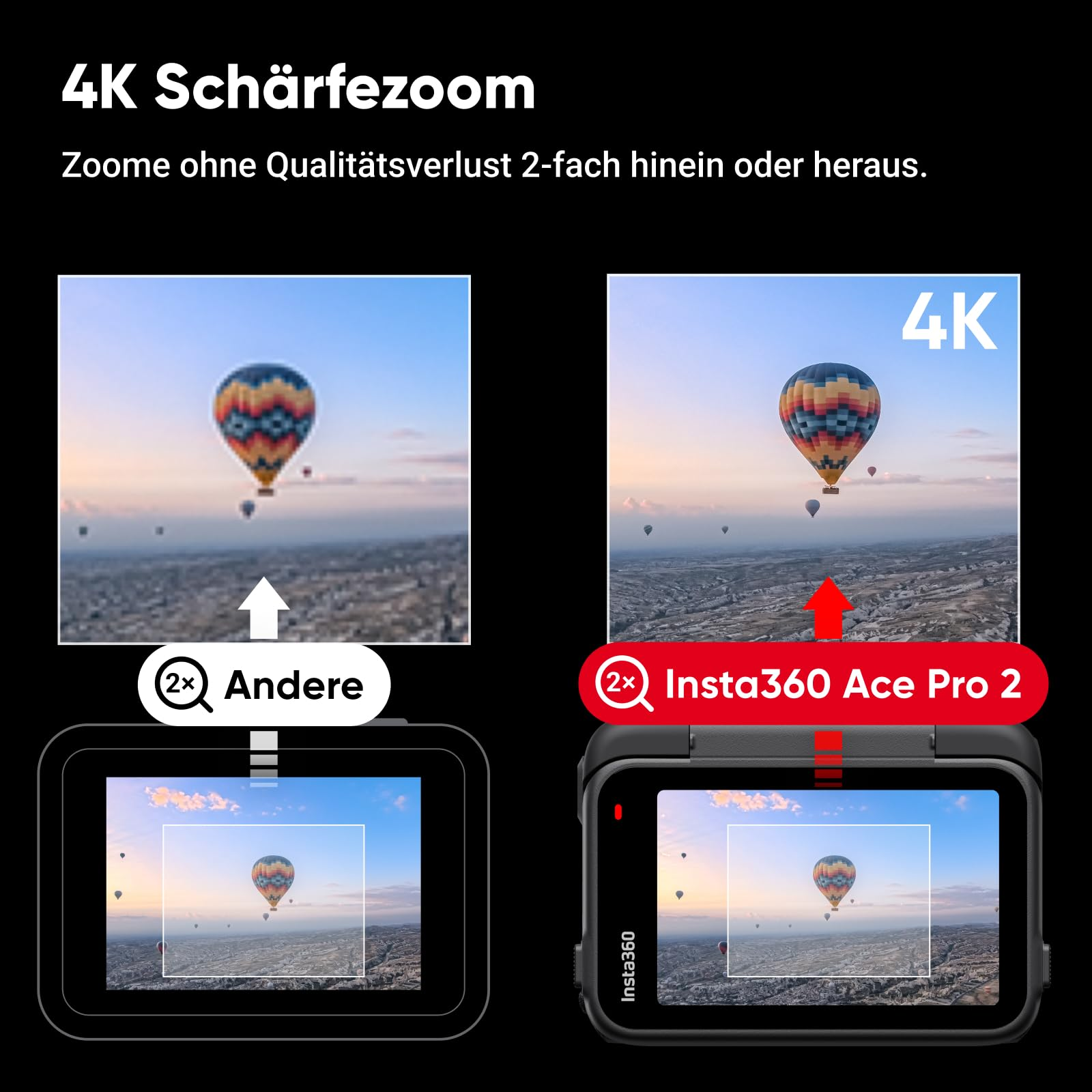 Comparaison du zoom de netteté 4K entre une autre caméra et l'Insta360 Ace Pro 2.