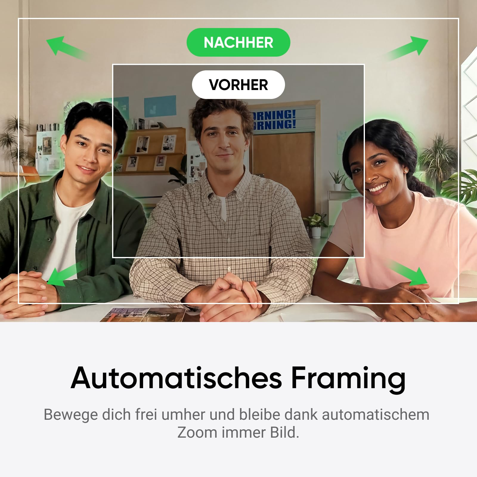 Vergleichsbild zeigt automatisches Framing mit Vorher-Nachher-Ansicht von drei Personen.