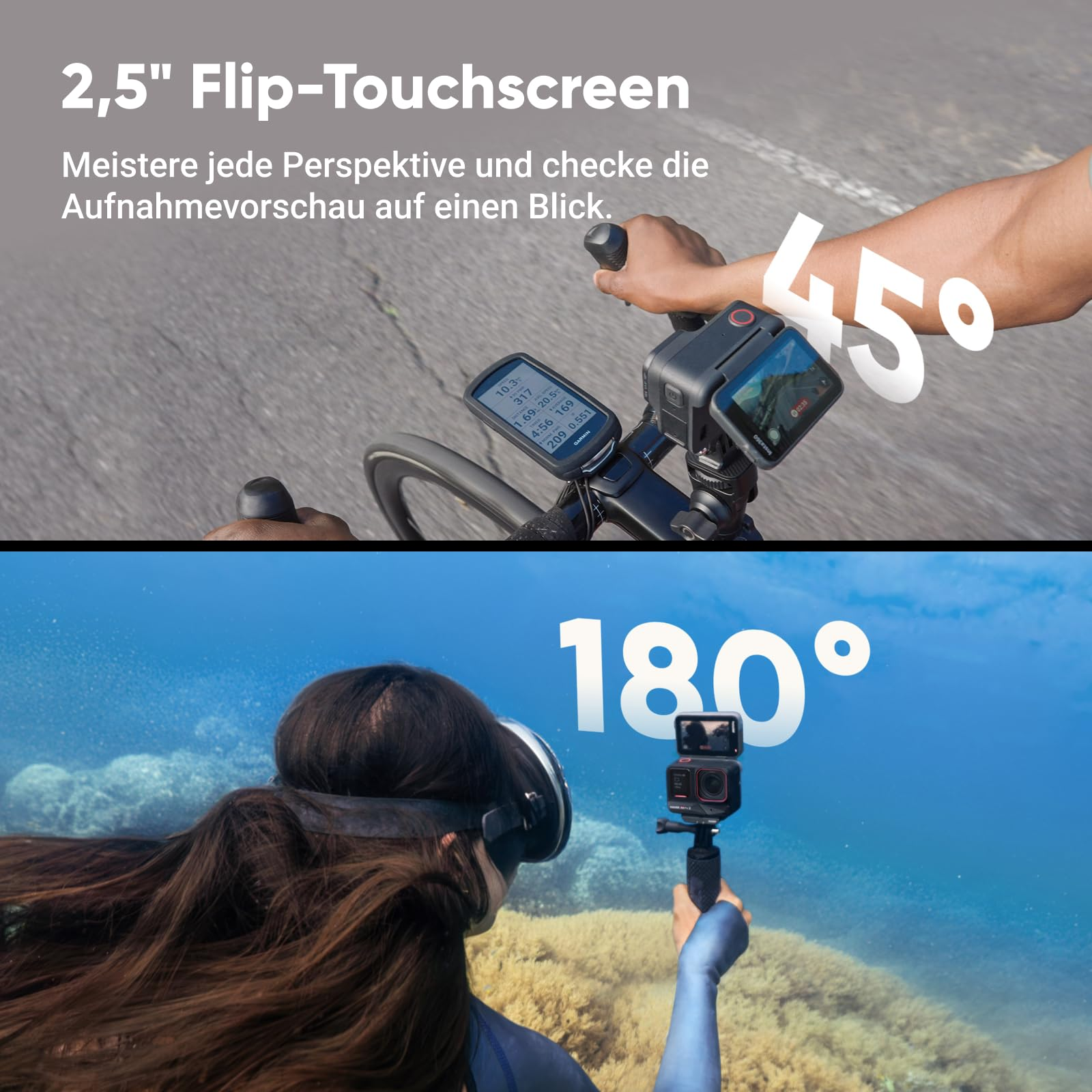 Écran partagé montre une caméra d'action sur un vélo à 45 degrés et sous l'eau à 180 degrés.