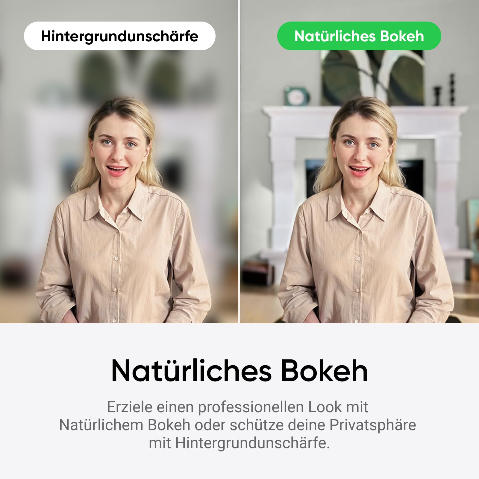 Vergleich von zwei Videobildern mit Hintergrundunschärfe vs. natürlichem Bokeh hinter einer Frau.