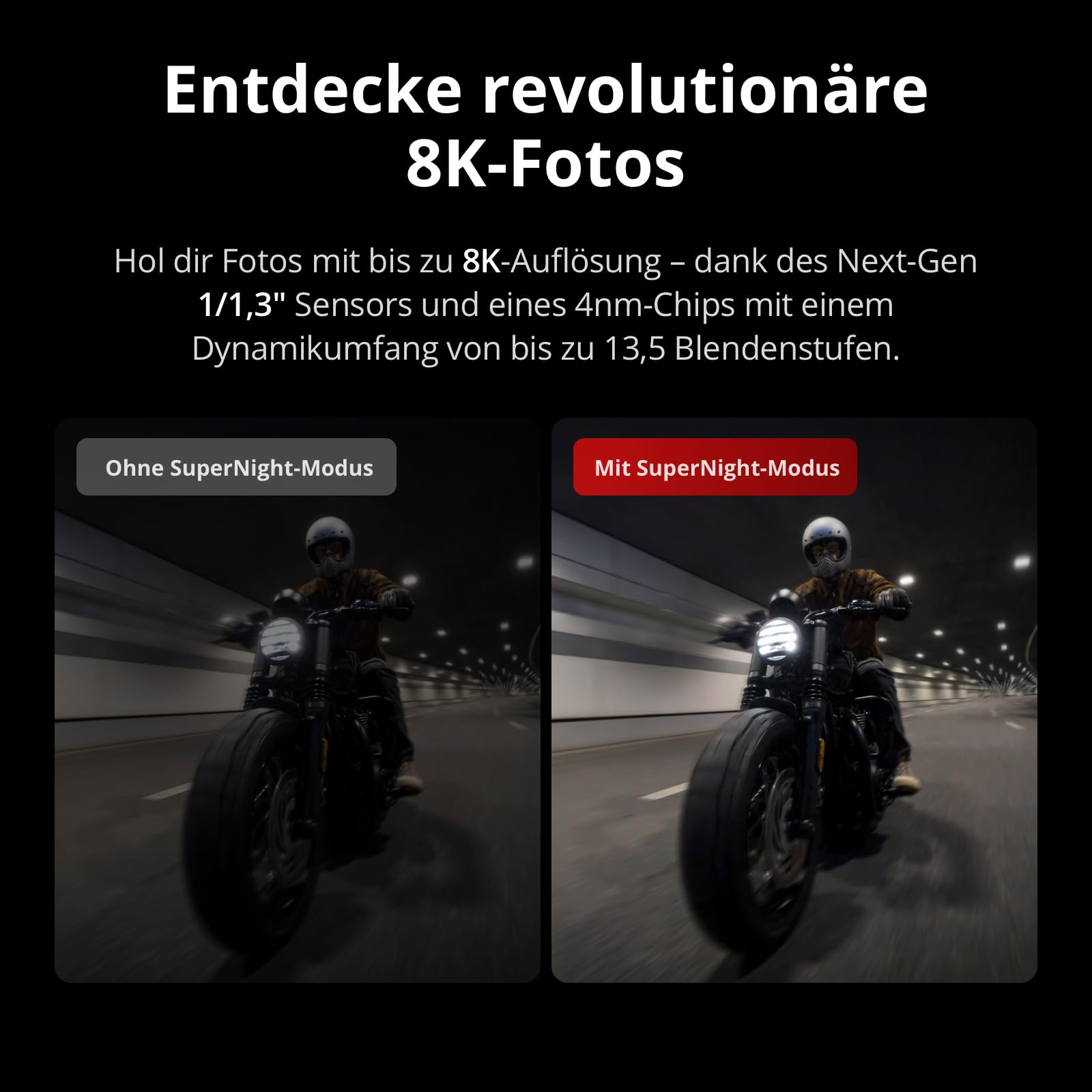 Confronto di due foto notturne di un motociclista, a sinistra senza e a destra con la modalità SuperNight.