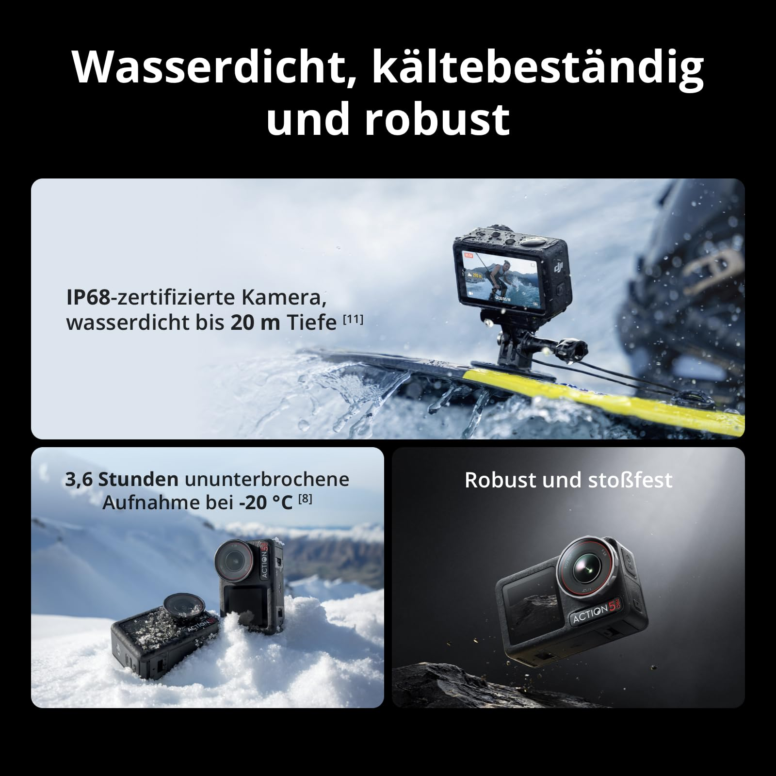 Fotocamera DJI Action 5 impermeabile e resistente al freddo con testo.