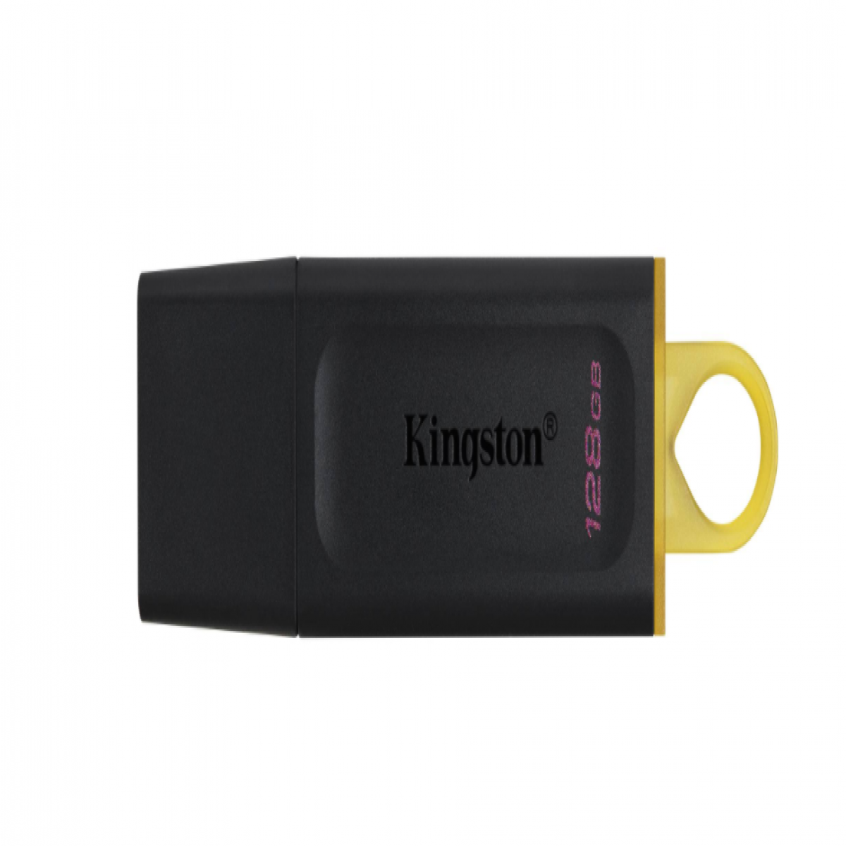 Beyaz arka planda sarı halkalı siyah Kingston 128 GB USB bellek.