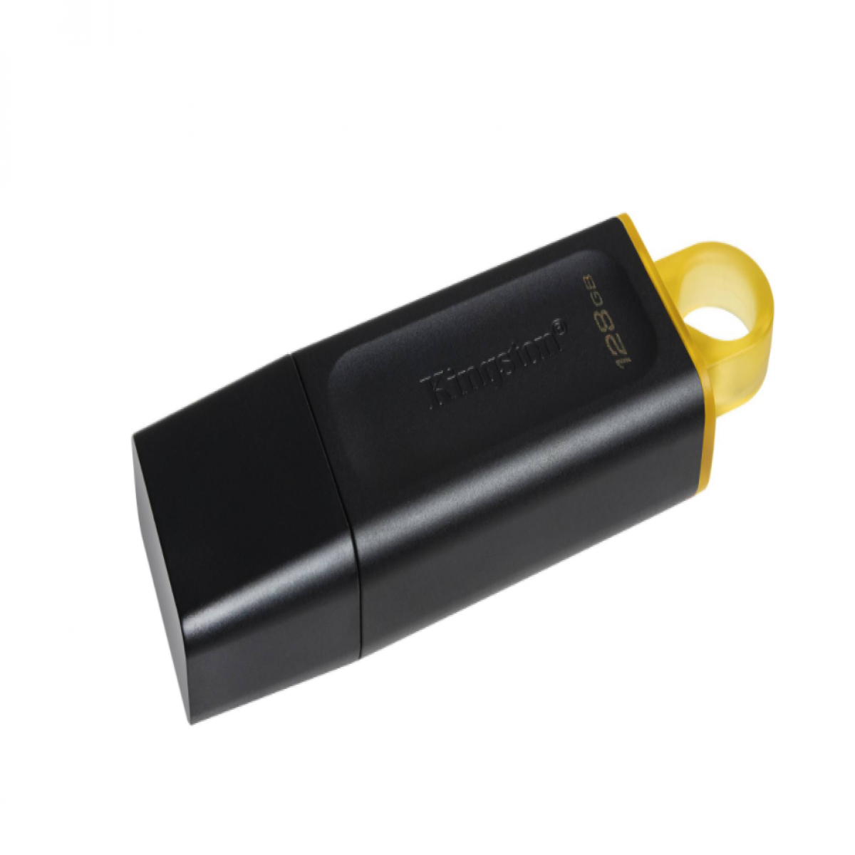 Beyaz arka planda sarı halkalı siyah Kingston 128GB USB bellek.