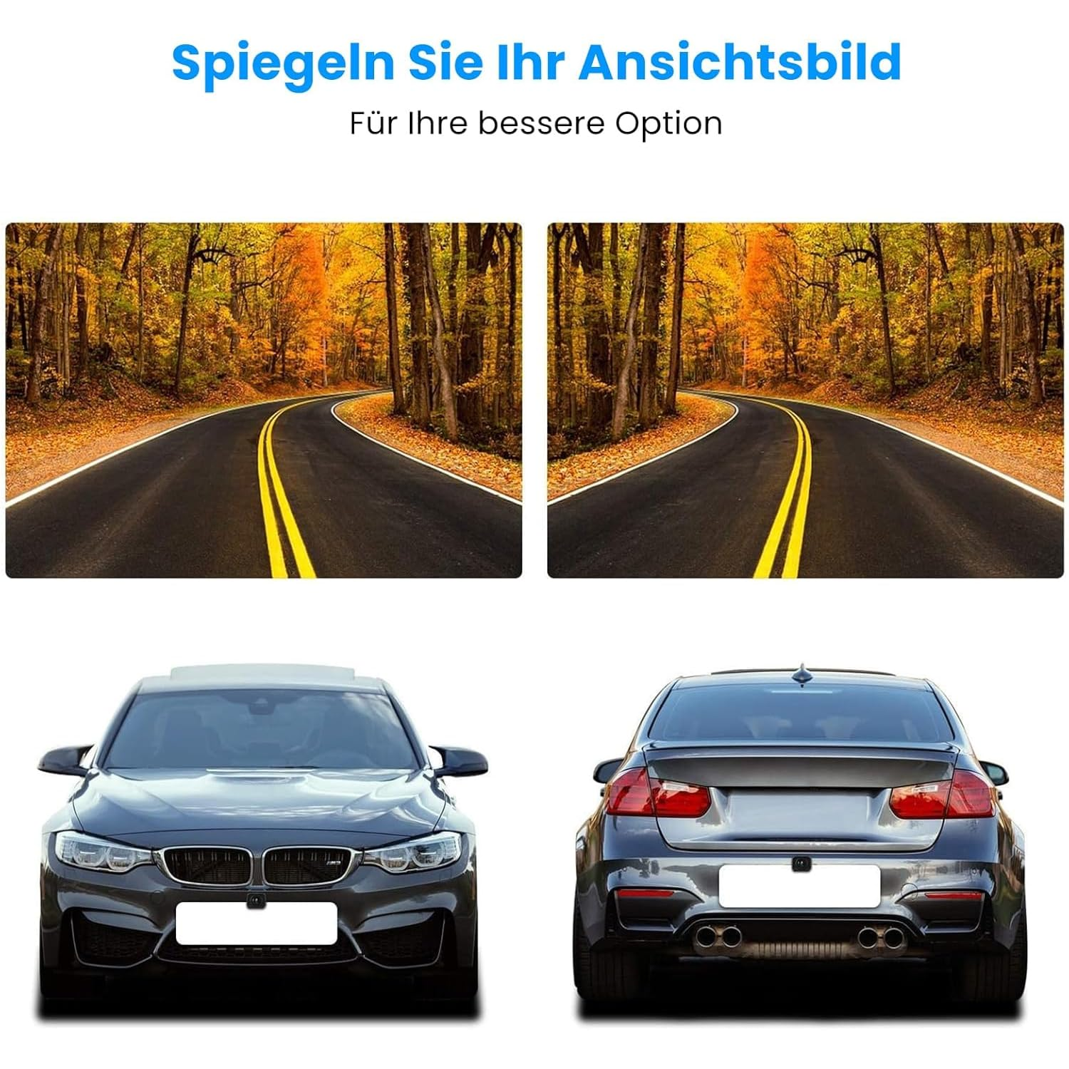Vergleich zweier Bilder einer kurvigen Straße im Herbst und eines Autos von vorn sowie hinten.