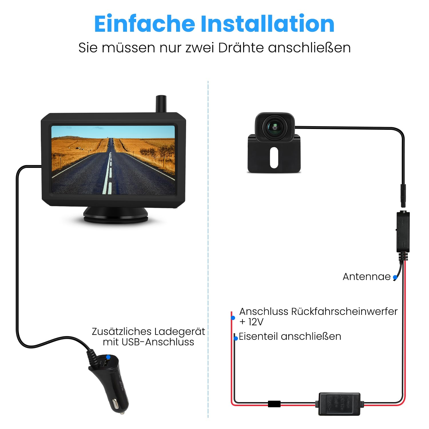 Diagramm zur einfachen Installation einer Rückfahrkamera mit Monitor, Stecker und Verdrahtung.
