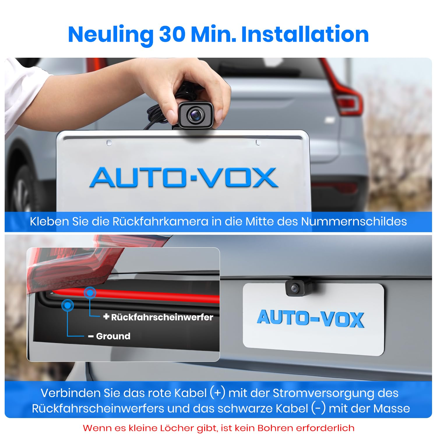 Anleitung zur Installation einer Auto-Vox Rückfahrkamera am Autokennzeichen mit Kabelverbindung.