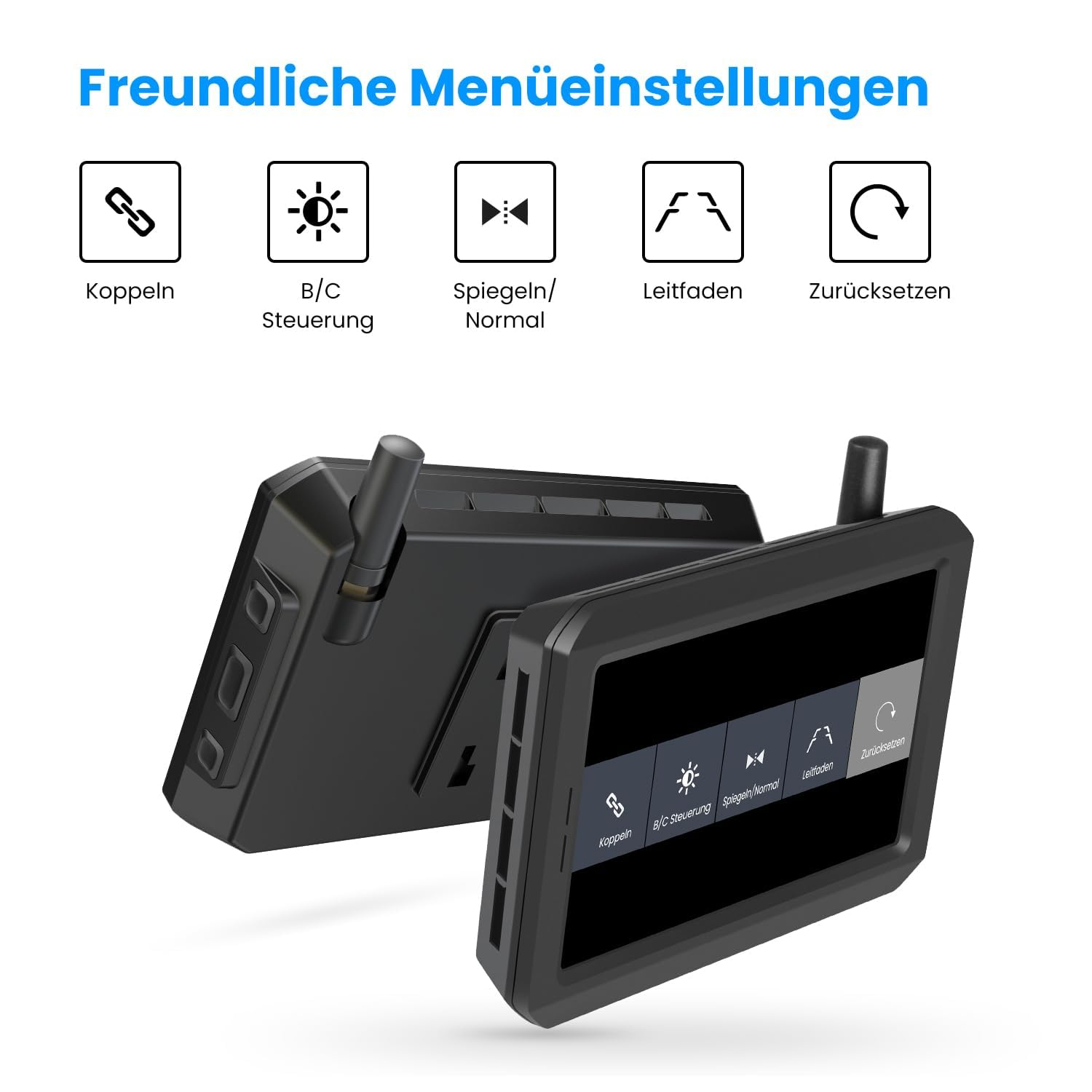 Menüeinstellungen mit fünf Symbolen oben und zwei schwarzen Monitoren mit Antennen unten vor weißem Hintergrund.