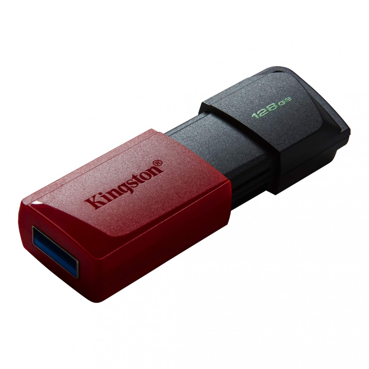 Beyaz arka planda kırmızı ve siyah Kingston 128GB USB bellek.