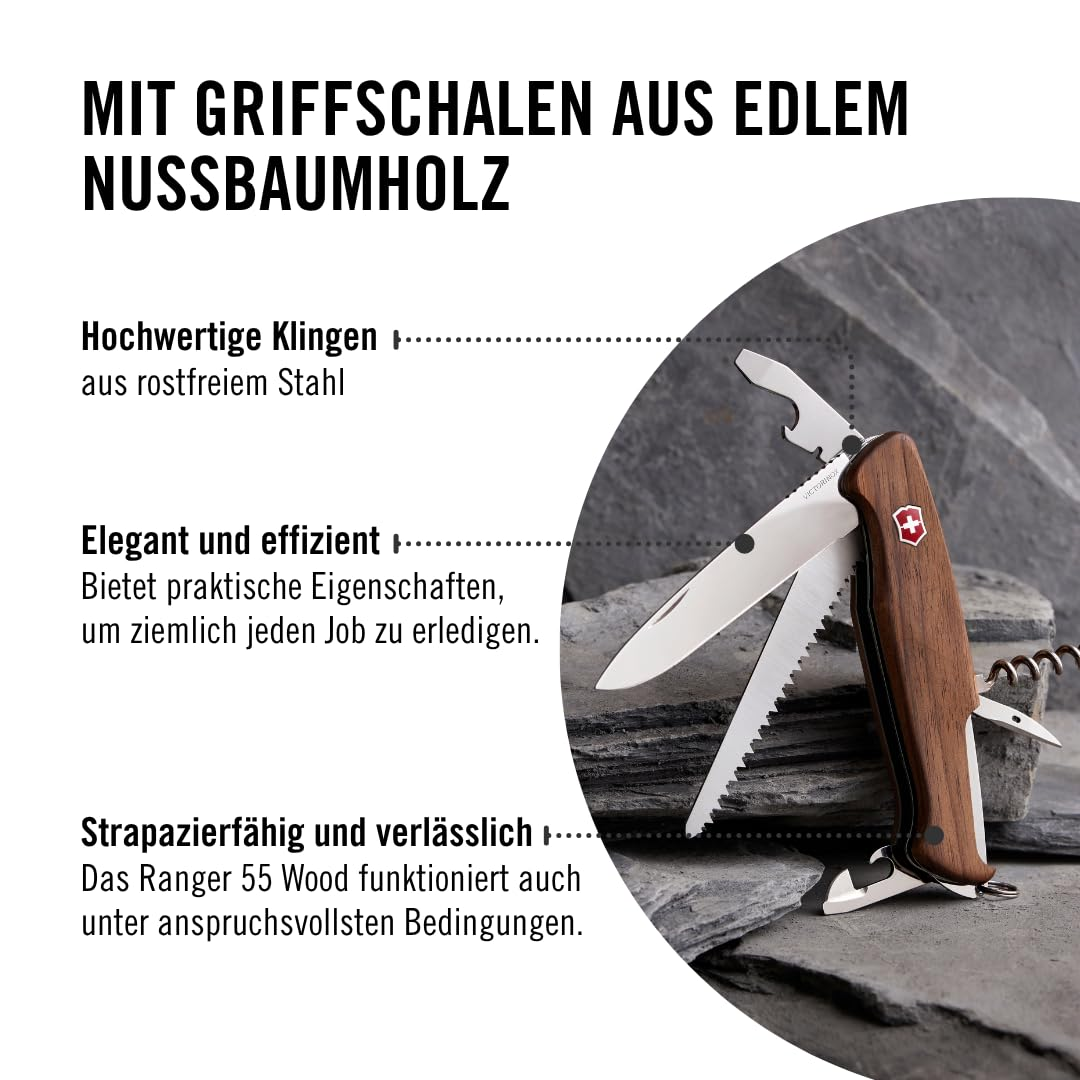 Ein Schweizer Taschenmesser mit Holzgriff auf Stein, mit deutschem Text zu den Eigenschaften.