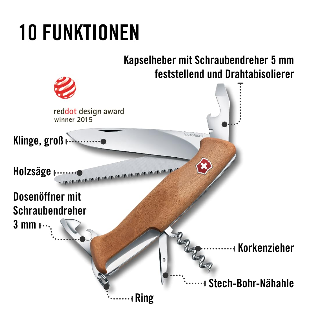 Victorinox Taschenmesser mit Holzgriff und verschiedenen Werkzeugen mit deutscher Beschriftung der 10 Funktionen.