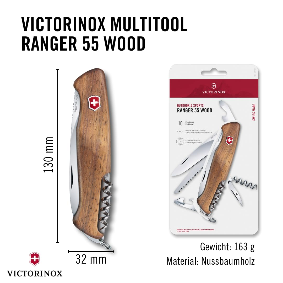 Victorinox Ranger 55 Wood Multitool mit Holzgriffen, 130 mm lang, in Verpackung mit Maßen und Gewicht.
