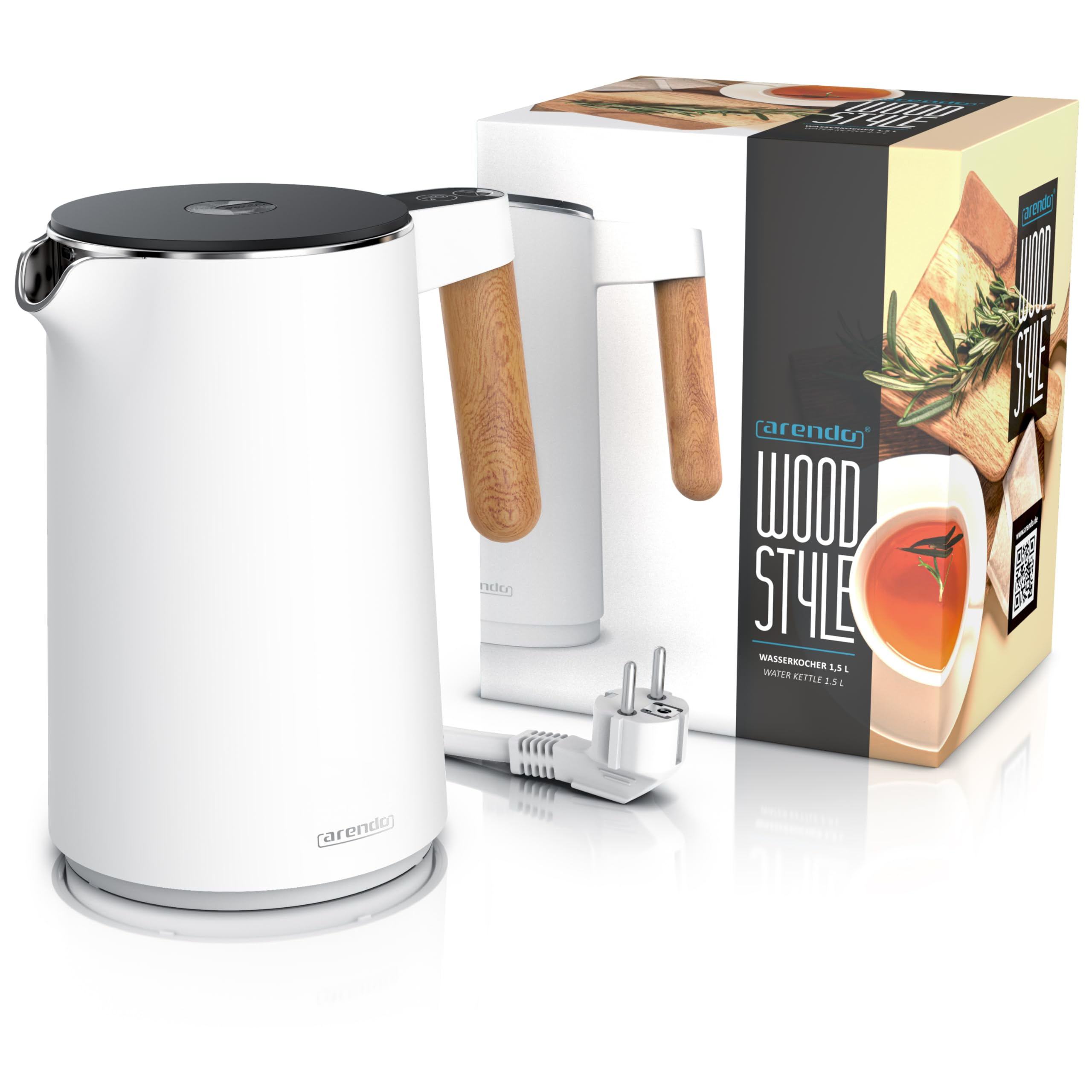 Weißer Arendo Wood Style Wasserkocher mit Holzoptik-Griff und Produktverpackung.