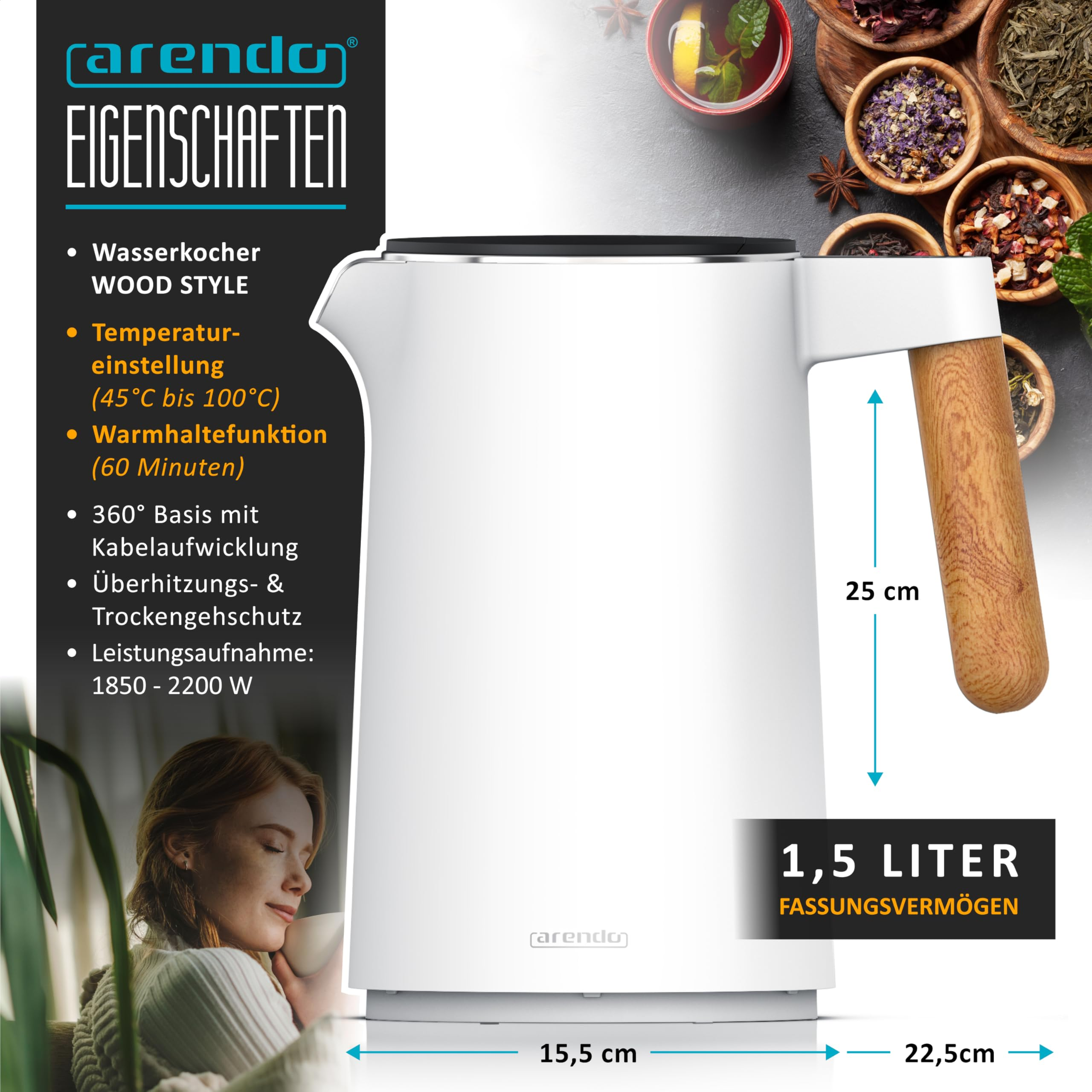 ARENDO 6484654844 Wasserkocher, Weiss