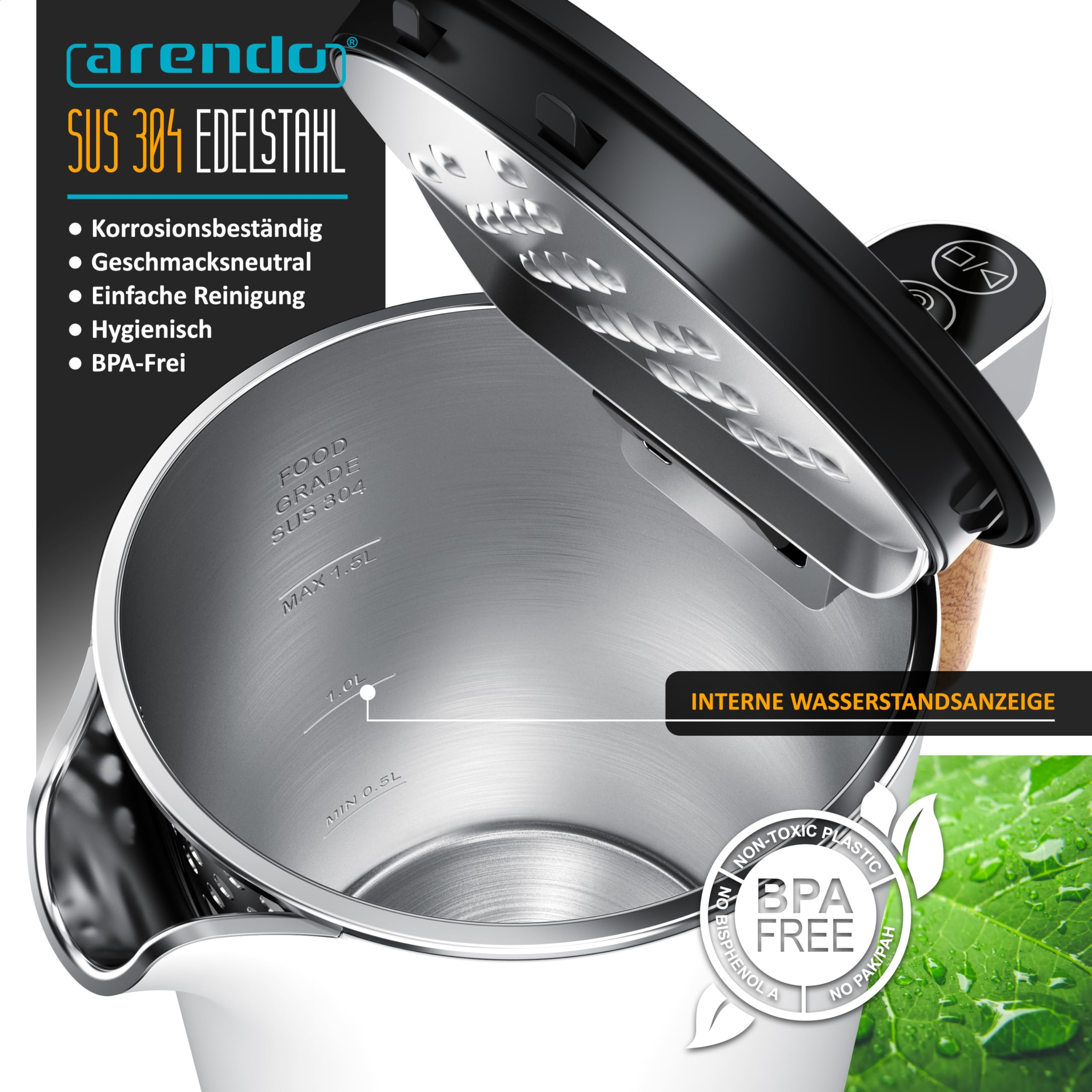 ARENDO 6484654844 Wasserkocher, Weiss