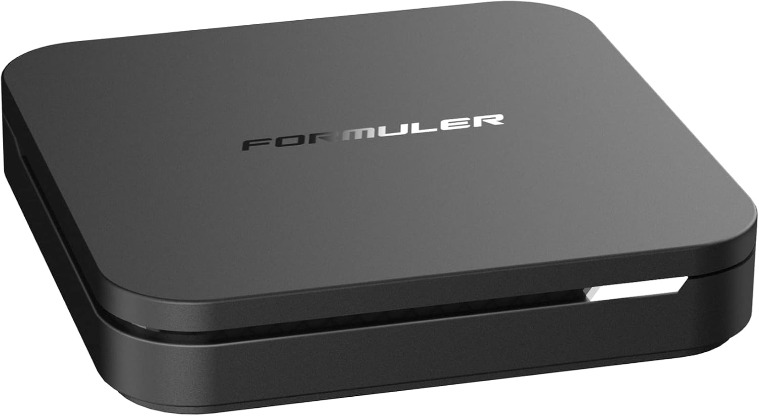 Ein schwarzer Formuler TV-Box-Media-Player auf weißem Hintergrund mit Firmenlogo.