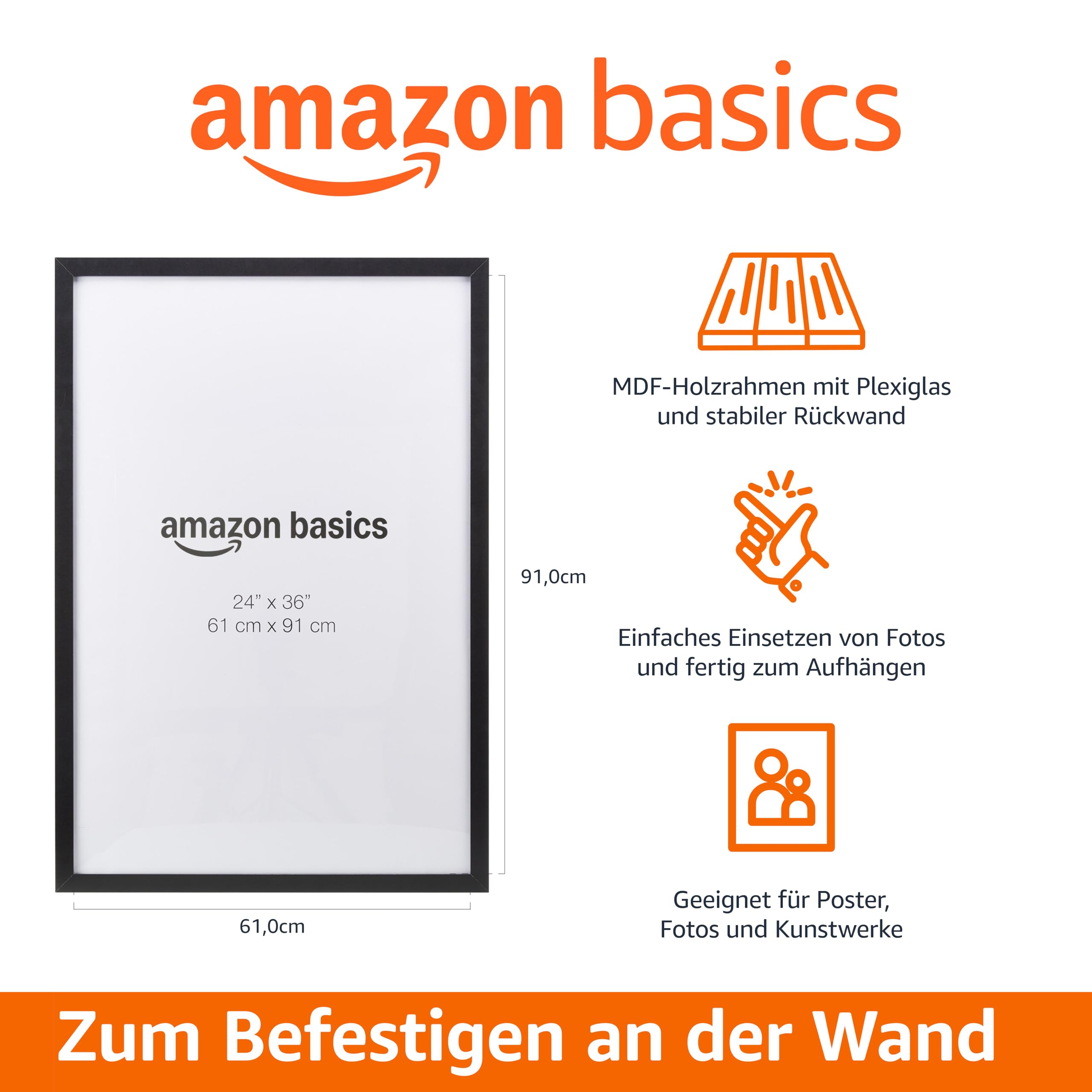 Amazon Basics Bilderrahmen 61x91 cm mit Holzrahmen, Plexiglas und einfacher Handhabung für Poster und Fotos.