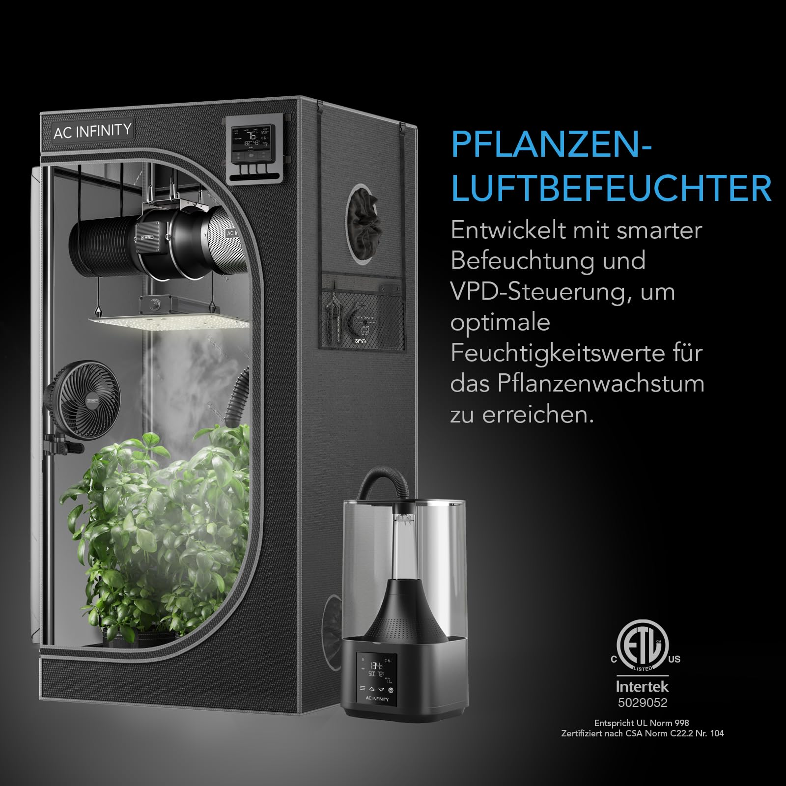 Une tente de culture AC Infinity avec humidificateur, lampe et ventilateur pour les plantes.