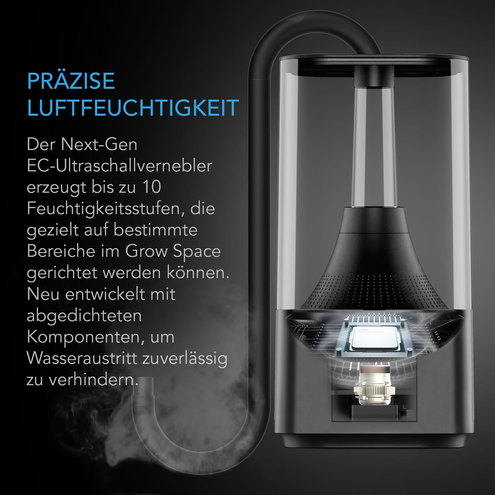 Un humidificateur à ultrasons moderne avec réservoir transparent, tuyau flexible et composants électroniques.