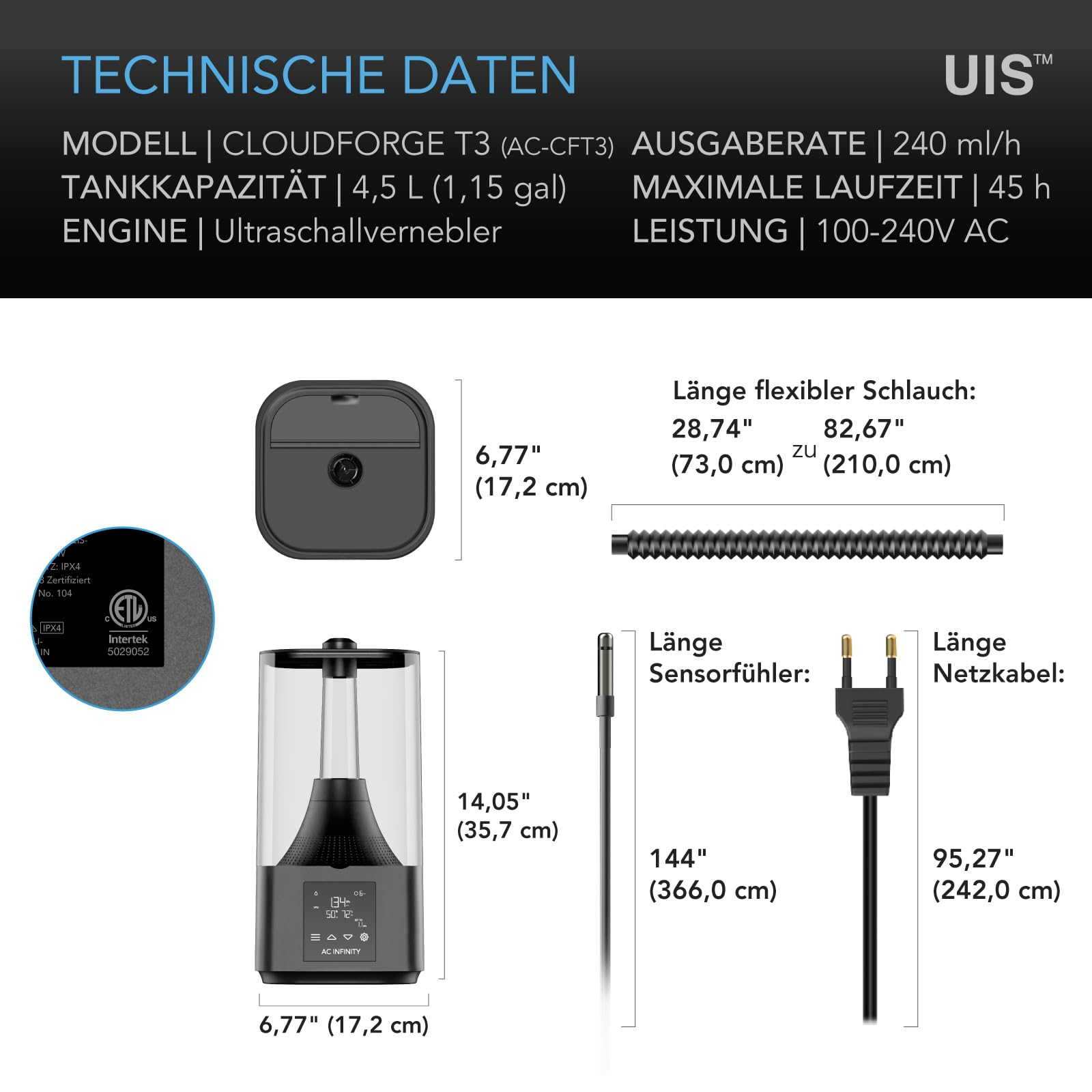 Infographie des données techniques avec dimensions de l'humidificateur, du tuyau, de la sonde et du câble.