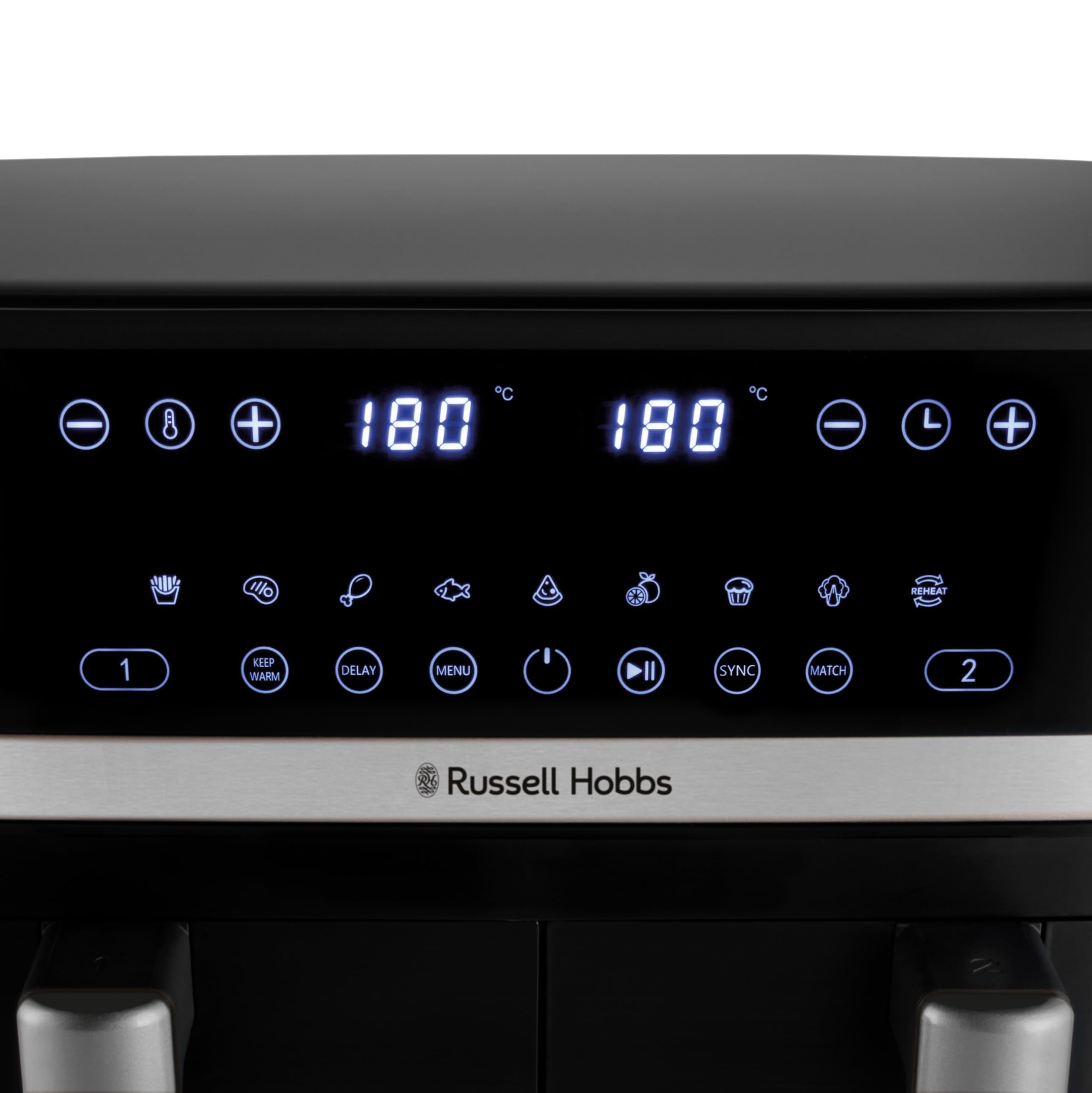 Panneau de commande d'une friteuse à air Russell Hobbs noire affichant 180 degrés.