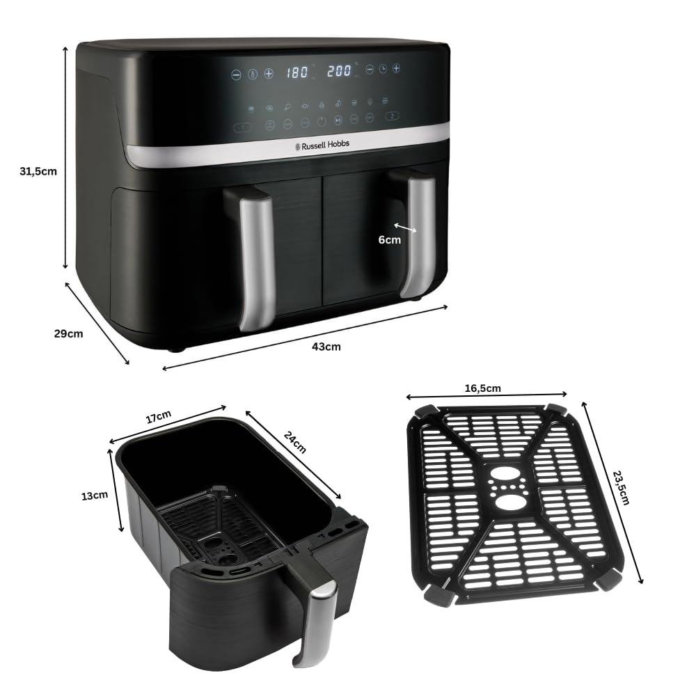 Friteuse à air à double panier Russell Hobbs noire avec écran tactile et dimensions en centimètres.