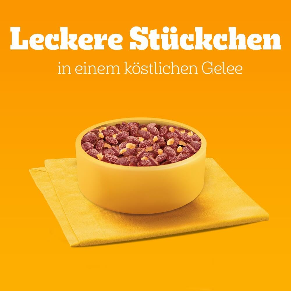 Gelbe Futterschüssel mit rotem Fleisch in Gelee auf einer gelben Serviette, mit deutschem Werbetext.
