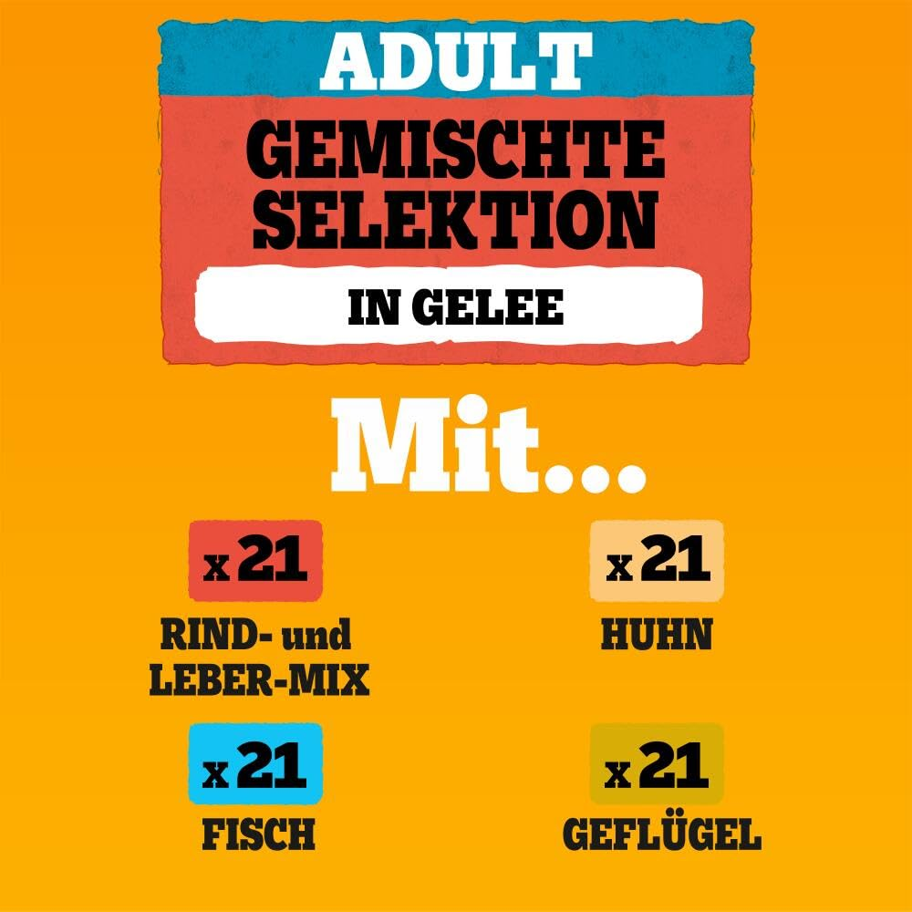 Gelbes Schild mit rotem Text "Adult gemischte Selektion in Gelee" und Angaben zu verschiedenen Fleischsorten.