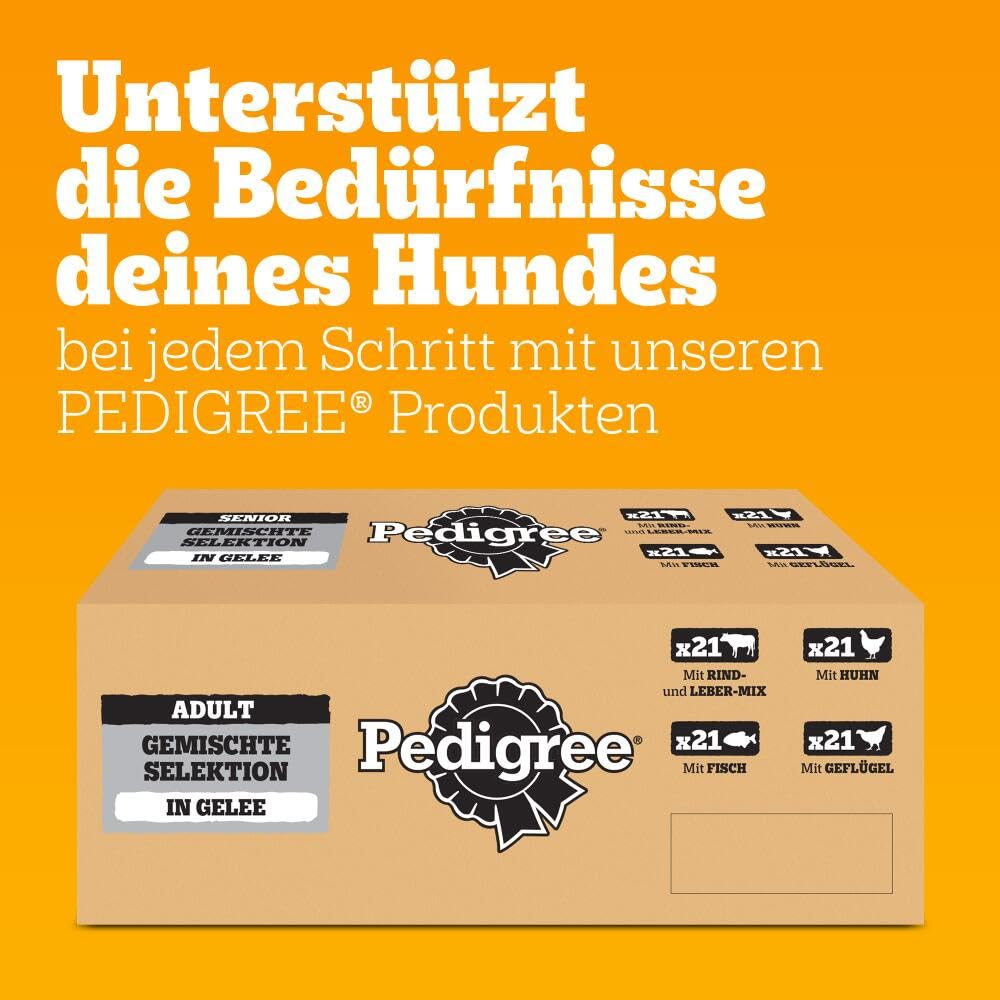 Kartons mit Pedigree-Hundefutter vor orangefarbenem Hintergrund mit deutschem Werbetext.