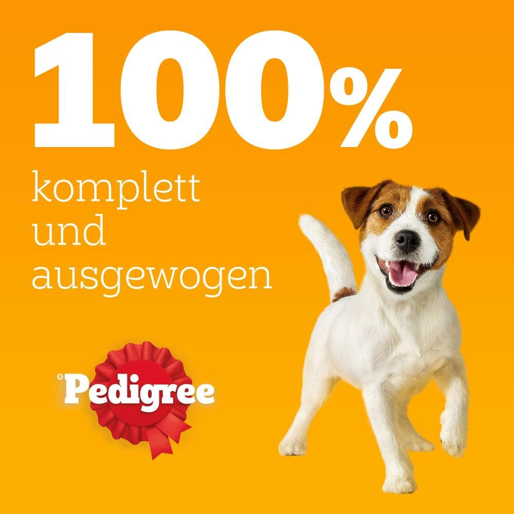 Ein glücklicher Jack Russell Terrier vor gelbem Hintergrund mit weißem Text und Pedigree-Logo.