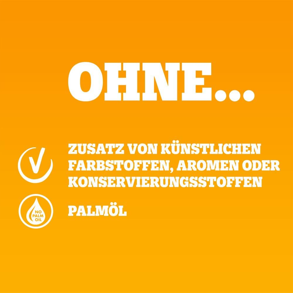Oranger Hintergrund mit weißem Text und Symbolen, der wirbt für Produkte ohne künstliche Zusätze und Palmöl.