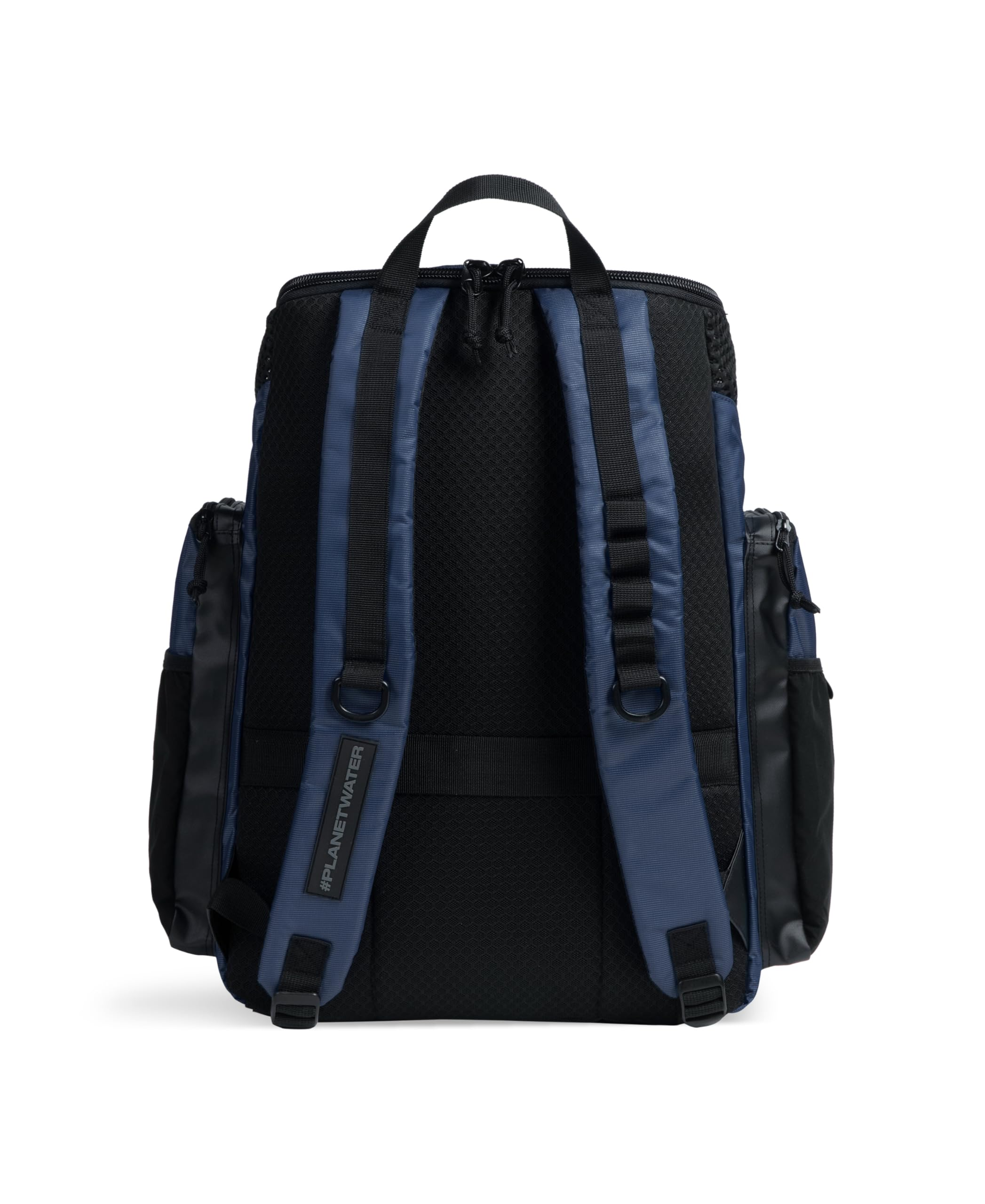 Ein schwarz-blauer Rucksack von hinten mit gepolsterten Gurten, Seitentaschen und einem Tragegriff vor weißem Hintergrund.