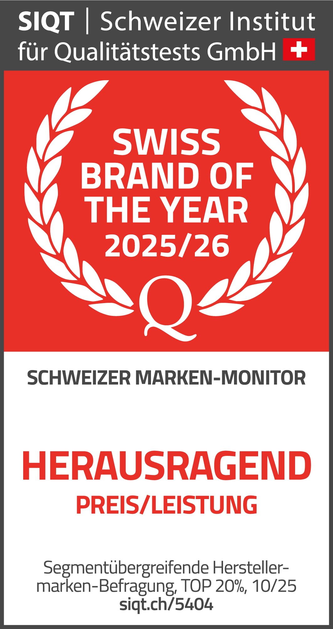 SIQT Award Logo Schweizer Brand of the Year 2025/26 mit Lorbeerkranz auf rotem und weißem Hintergrund.
