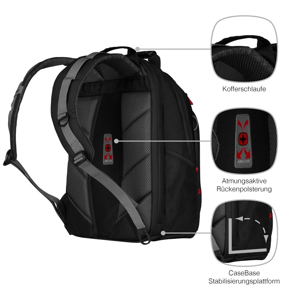 Ein schwarzer Rucksack mit gepolstertem Rücken, Koferschlaufe und Stabilisierungsbasis, mit Detailansichten.
