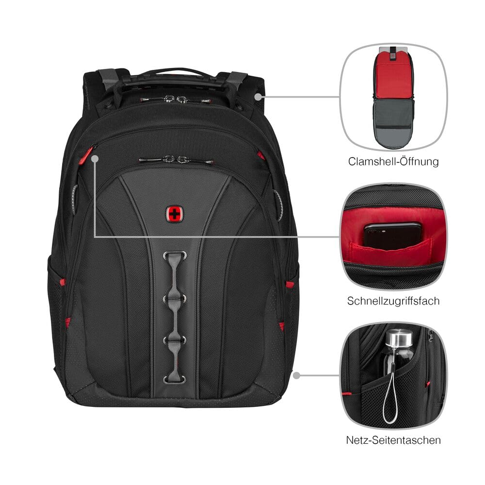 Ein schwarzer Swissgear Rucksack mit roten Akzenten, Clamshell-Öffnung, Schnellzugriffsfach und seitlichen Netztaschen.