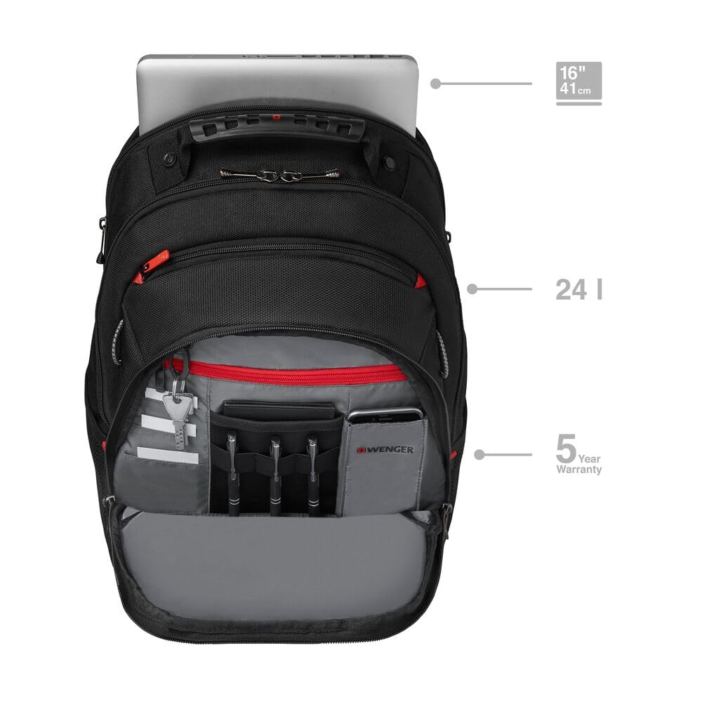 Ein schwarzer Wenger-Rucksack mit offener Fronttasche für Stifte und Handy sowie Laptop- und Kapazitätsangaben.