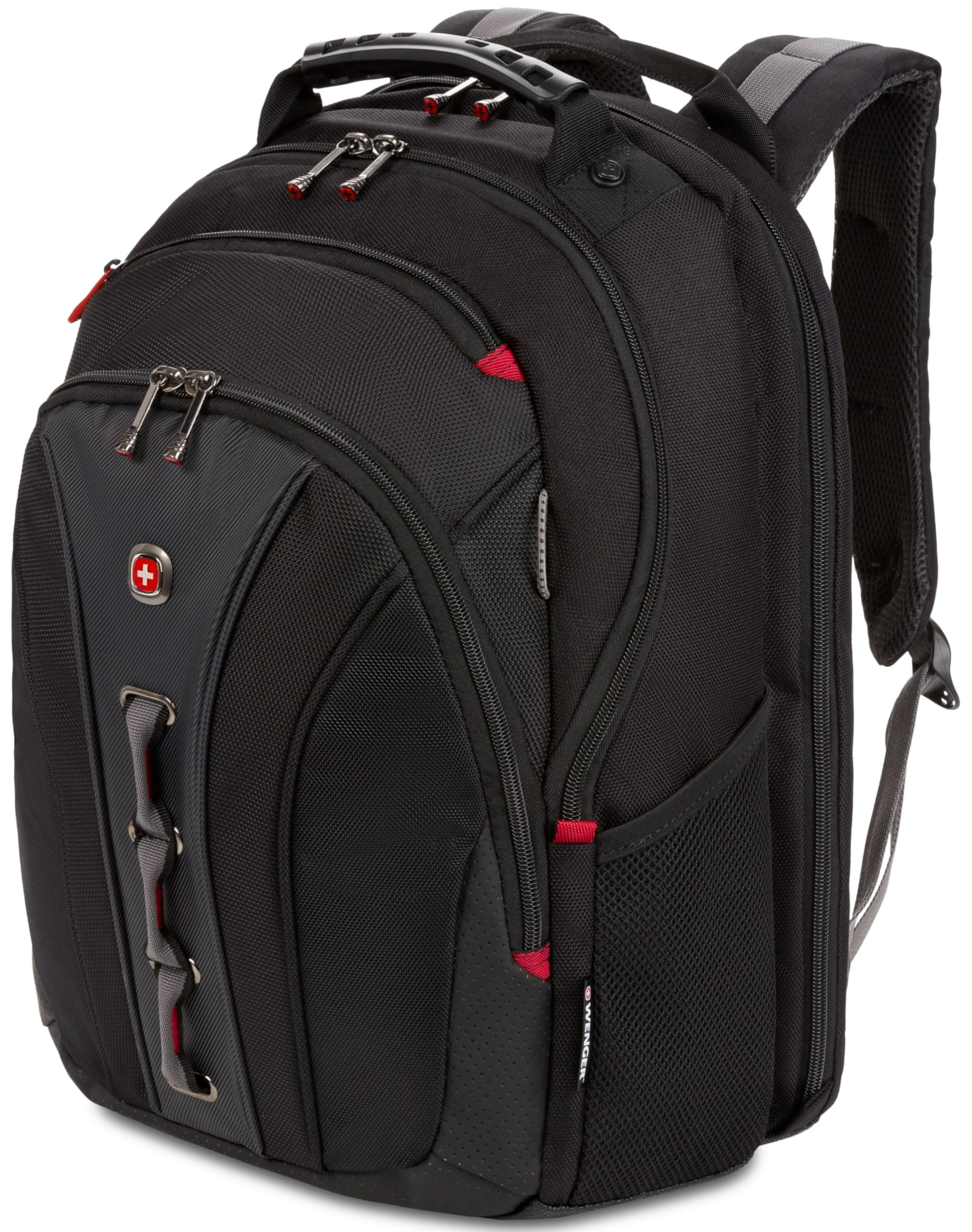 Ein schwarzer Wenger-Rucksack mit Reißverschlüssen, roten Akzenten und einem roten Schweizer Kreuz Logo auf der Vorderseite.