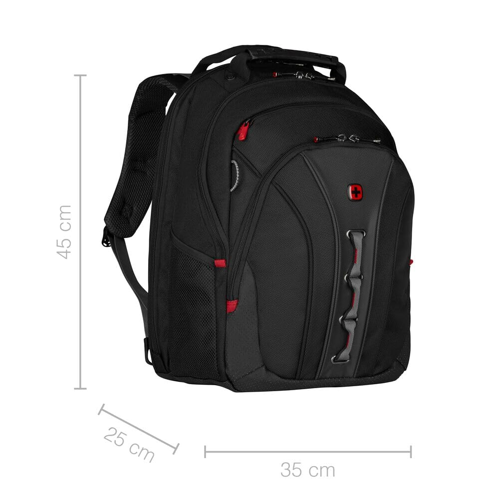 Ein schwarzer Rucksack mit roten Akzenten und weißen Maßlinien zeigt 45 cm Höhe, 35 cm Breite und 25 cm Tiefe.