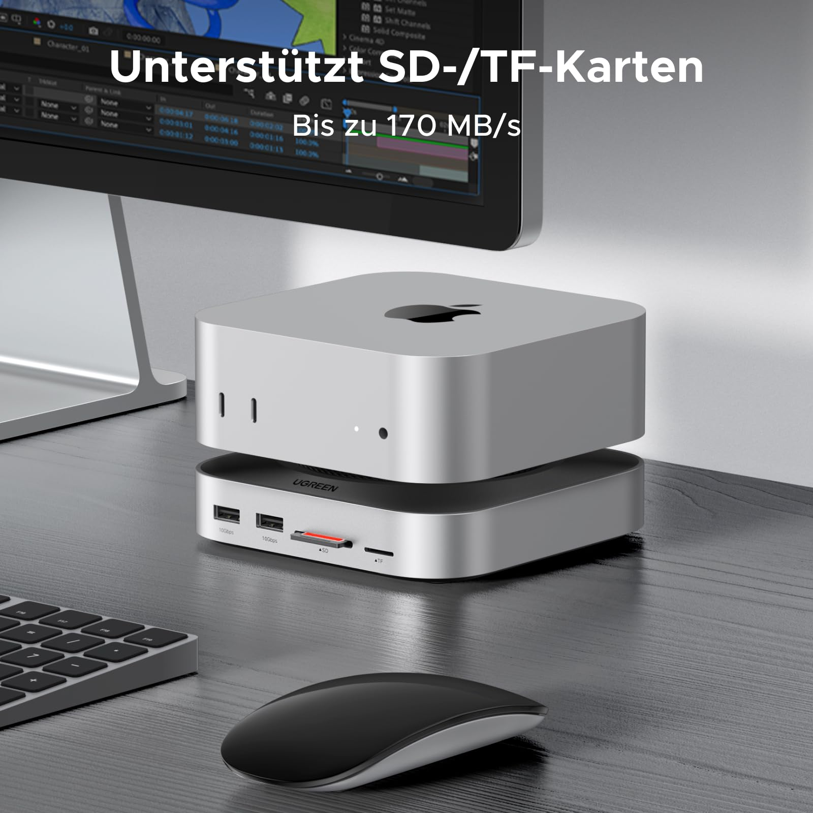 Ein Mac mini auf einem UGREEN USB-C Hub mit SD-Kartenleser auf einem Schreibtisch.